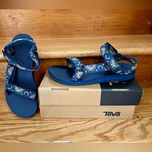 Teva Womens Original Universal Sandal in Blue Gold Sun & Moon design Sz 9